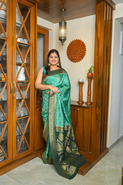 Bottle green & Sea Green Mushroo Silk Banarasi Saree