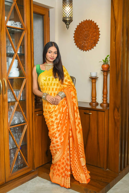 Deep Orange & Yellow Khadi Georgette Banarasi Saree