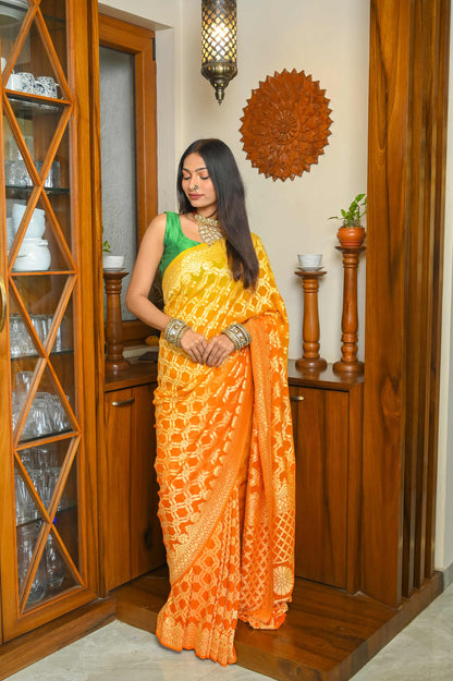 Deep Orange & Yellow Khadi Georgette Banarasi Saree