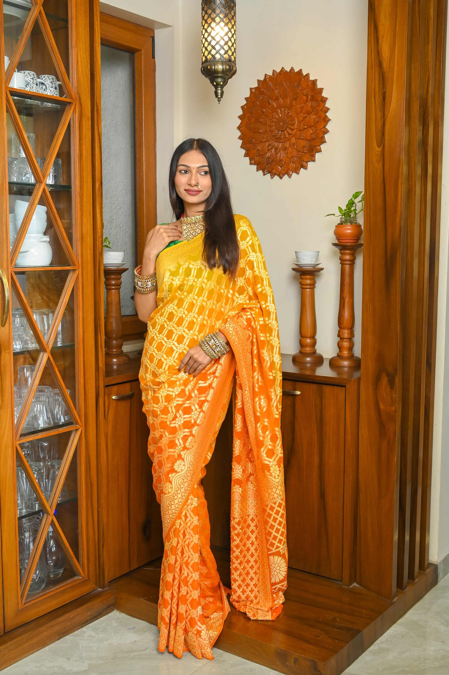 Deep Orange & Yellow Khadi Georgette Banarasi Saree