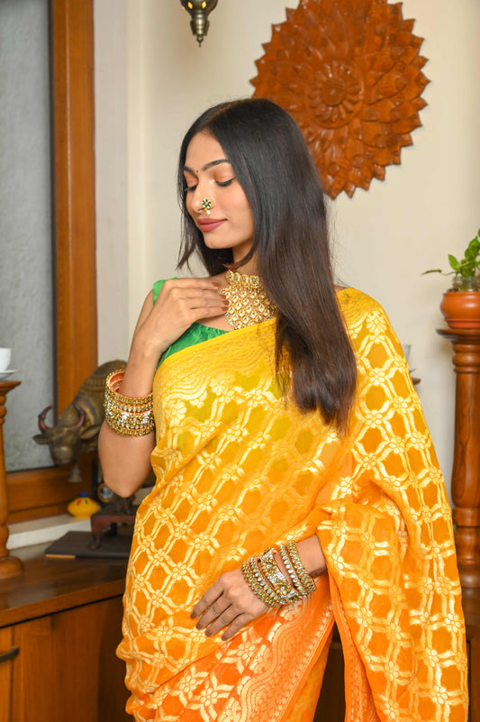 Deep Orange & Yellow Khadi Georgette Banarasi Saree
