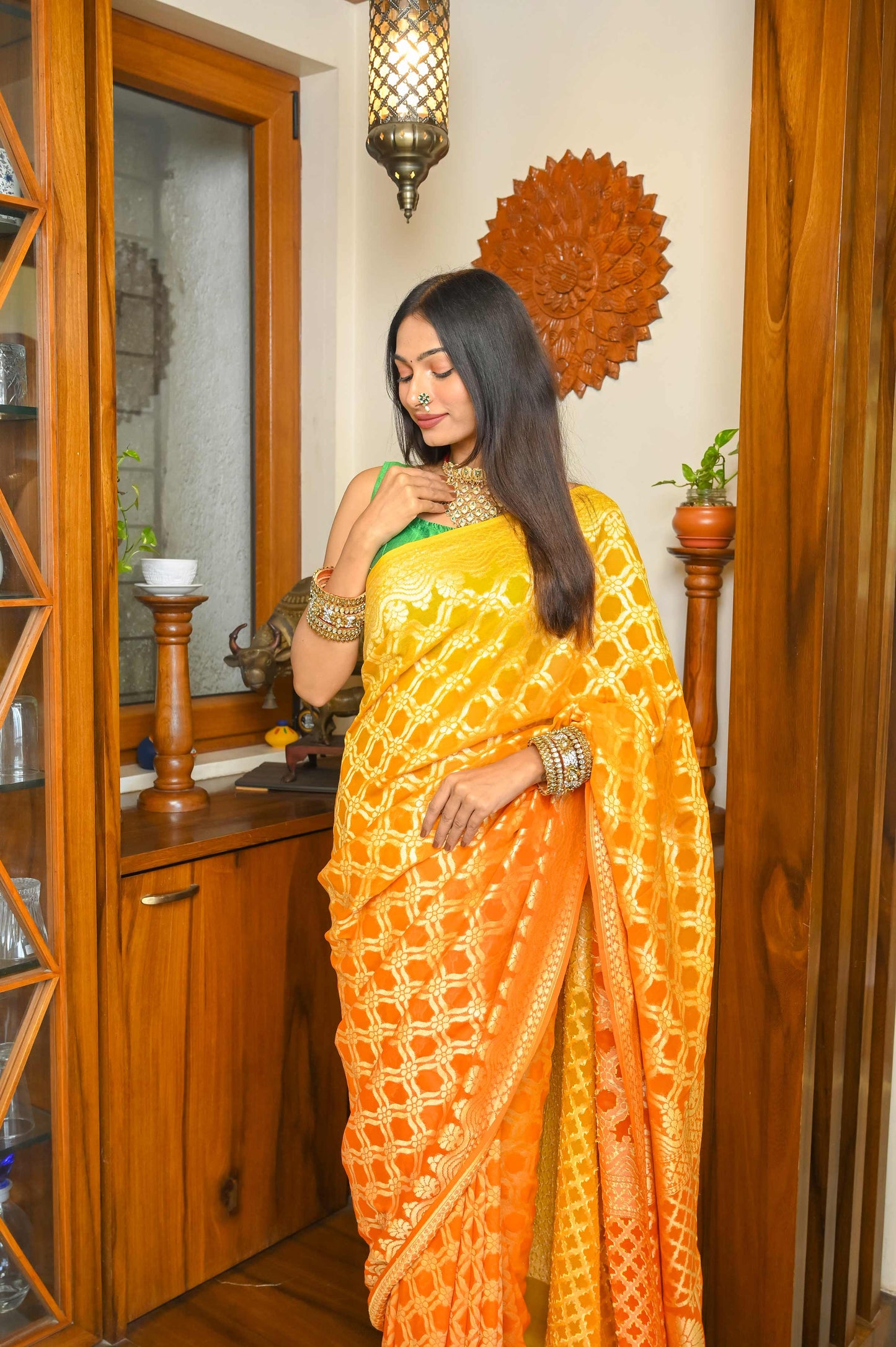 Deep Orange & Yellow Khadi Georgette Banarasi Saree