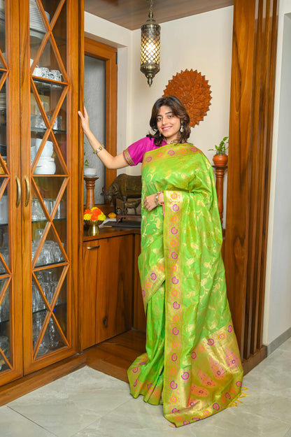 Parrot Green Meenakari Silk Banarasi Saree