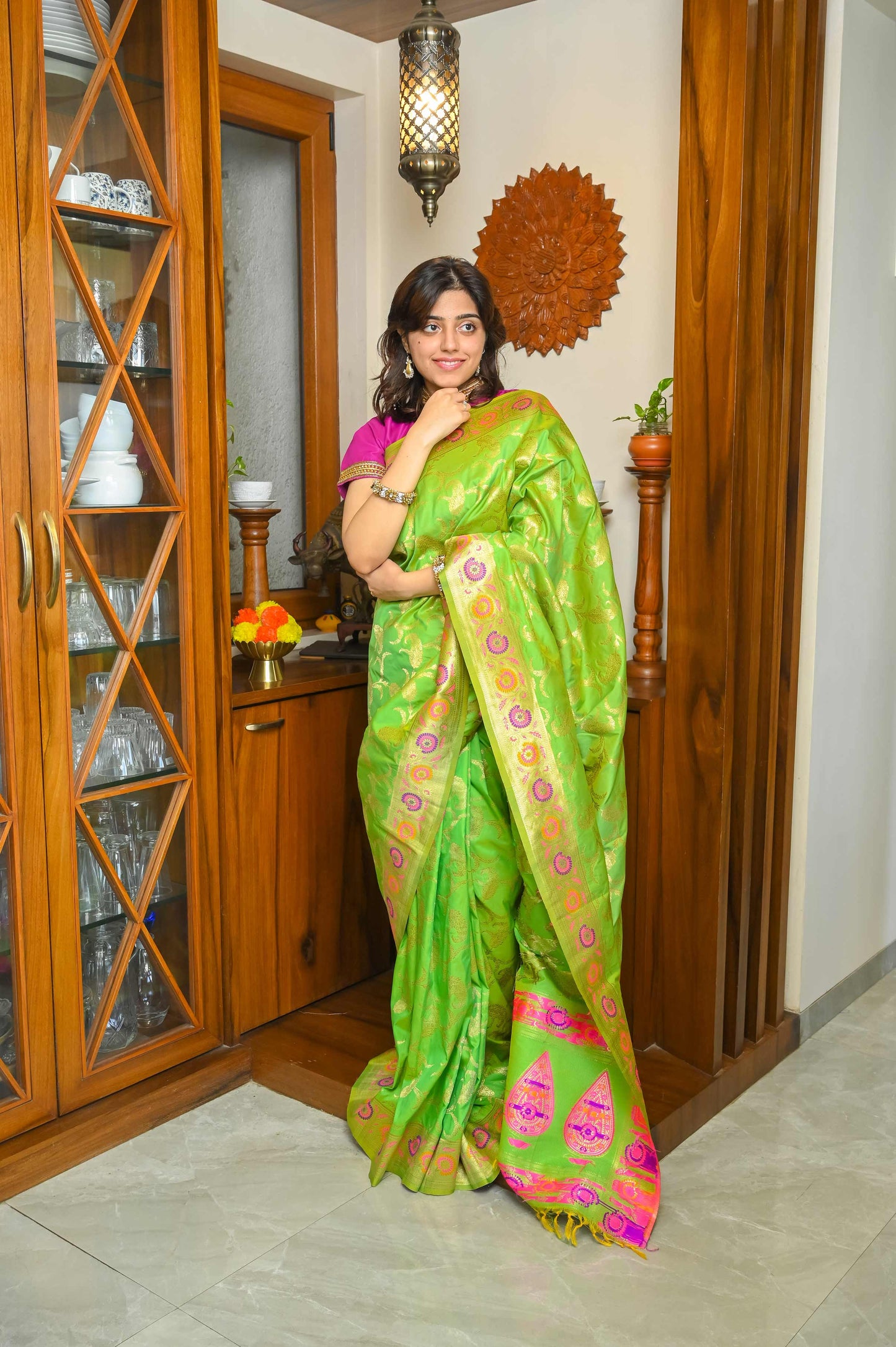 Parrot Green Meenakari Silk Banarasi Saree