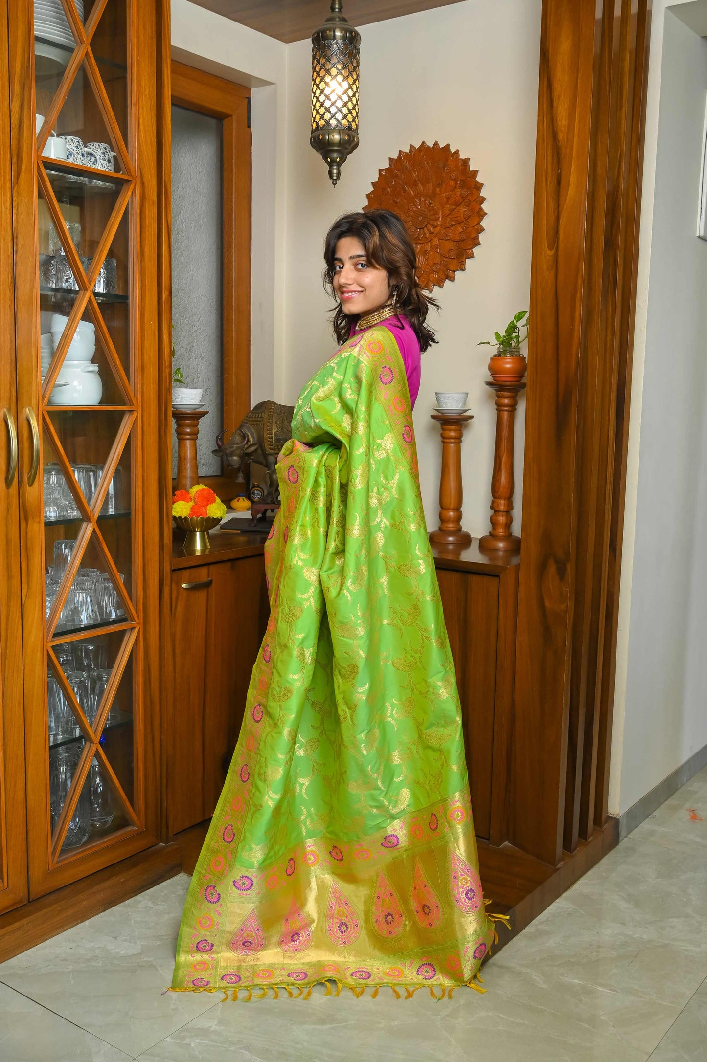 Parrot Green Meenakari Silk Banarasi Saree