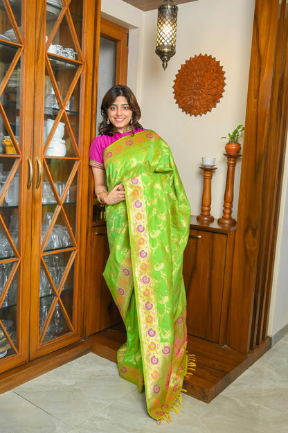 Parrot Green Meenakari Silk Banarasi Saree
