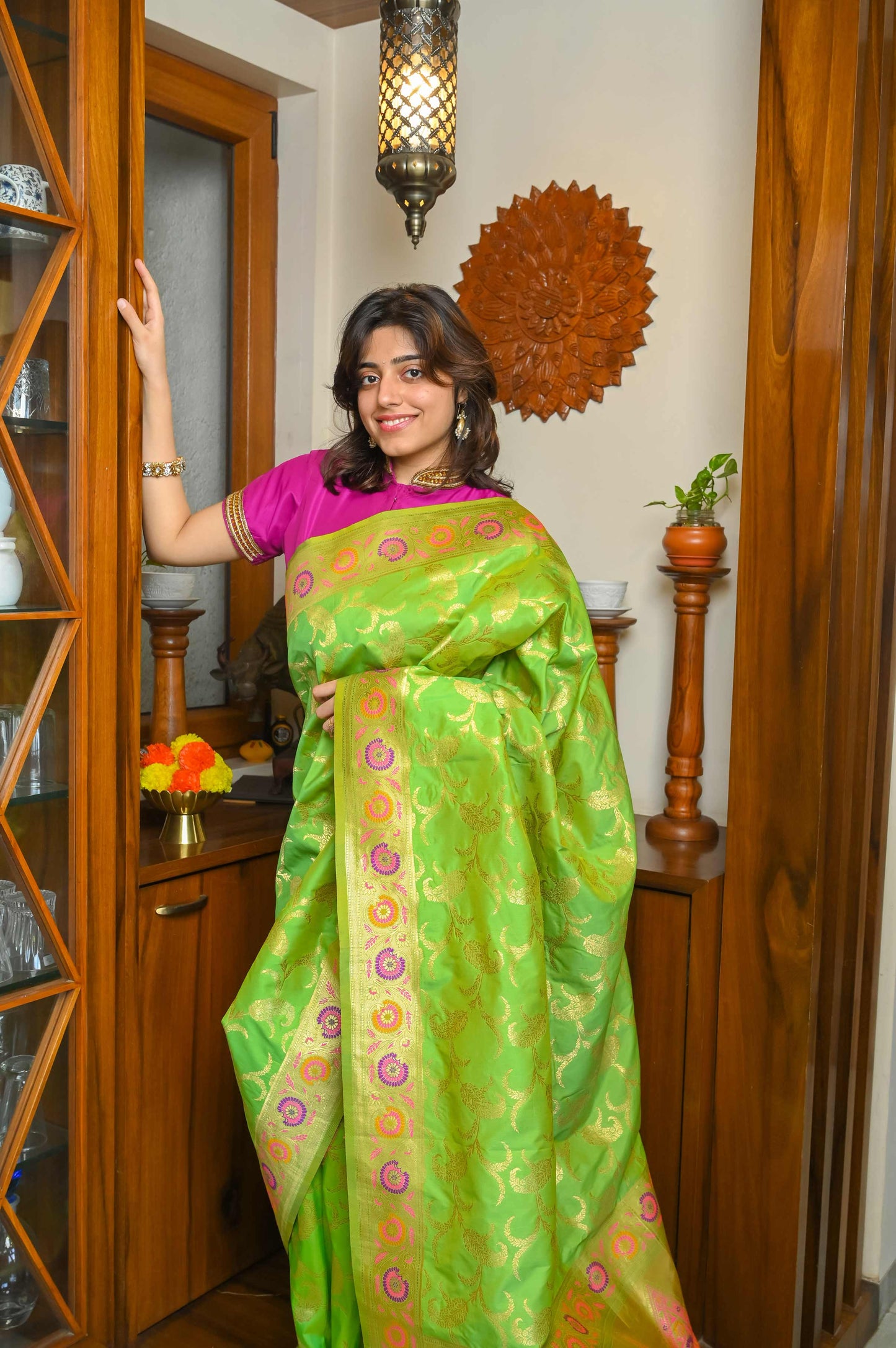 Parrot Green Meenakari Silk Banarasi Saree