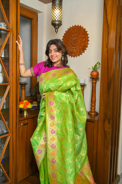 Parrot Green Meenakari Silk Banarasi Saree