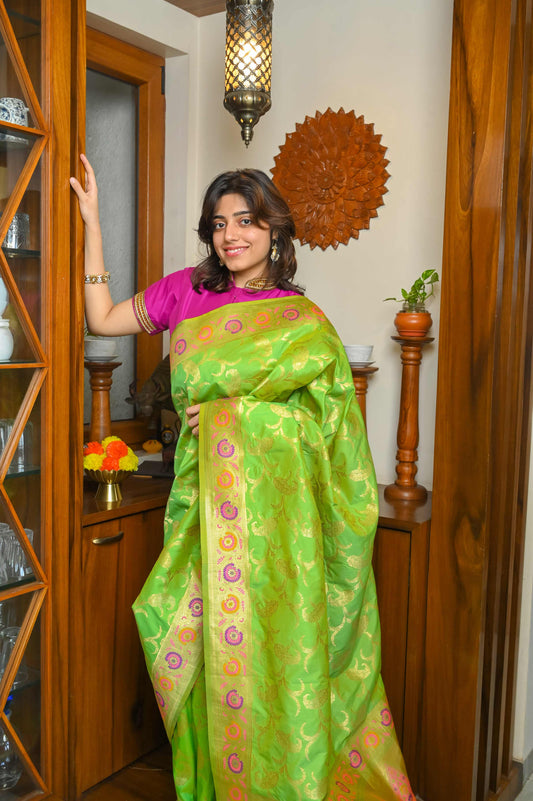 Parrot Green Meenakari Silk Banarasi Saree