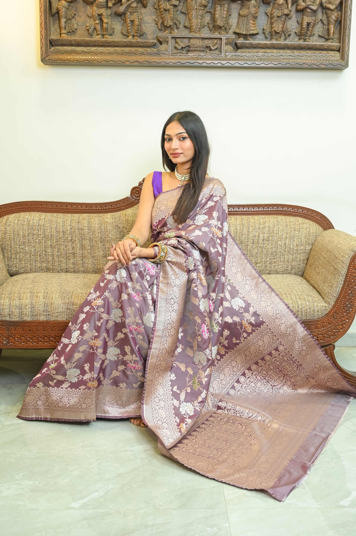 Dusty Grape Wine Katan Silk Banarasi Saree