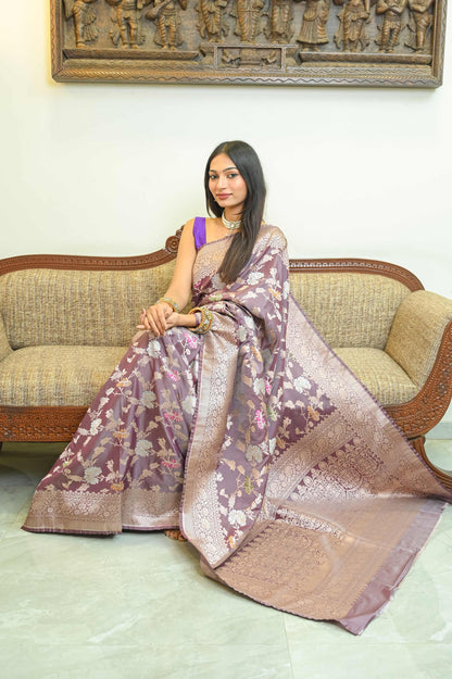 Dusty Grape Wine Katan Silk Banarasi Saree
