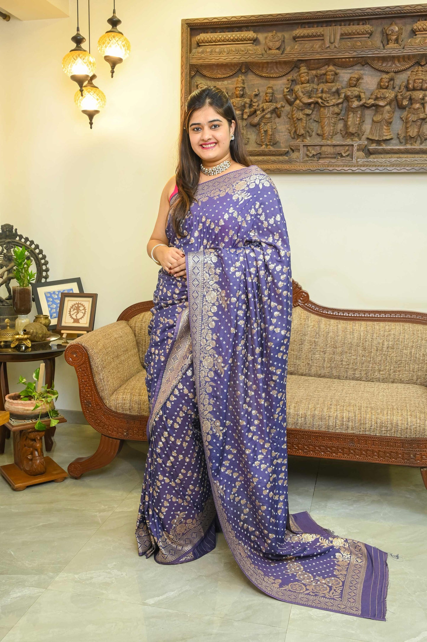 Purple Bandini Silk Banarasi Saree