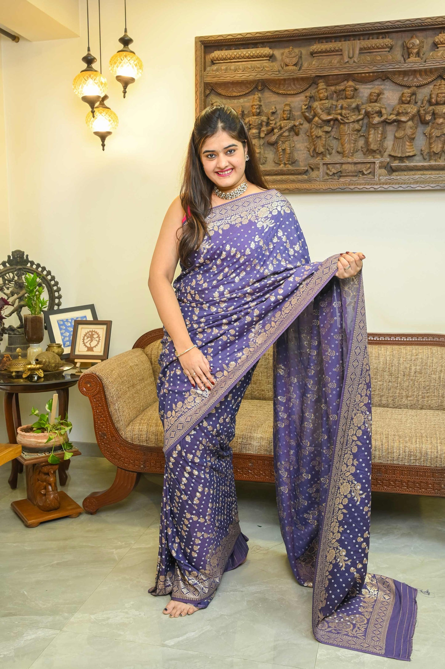Purple Bandini Silk Banarasi Saree