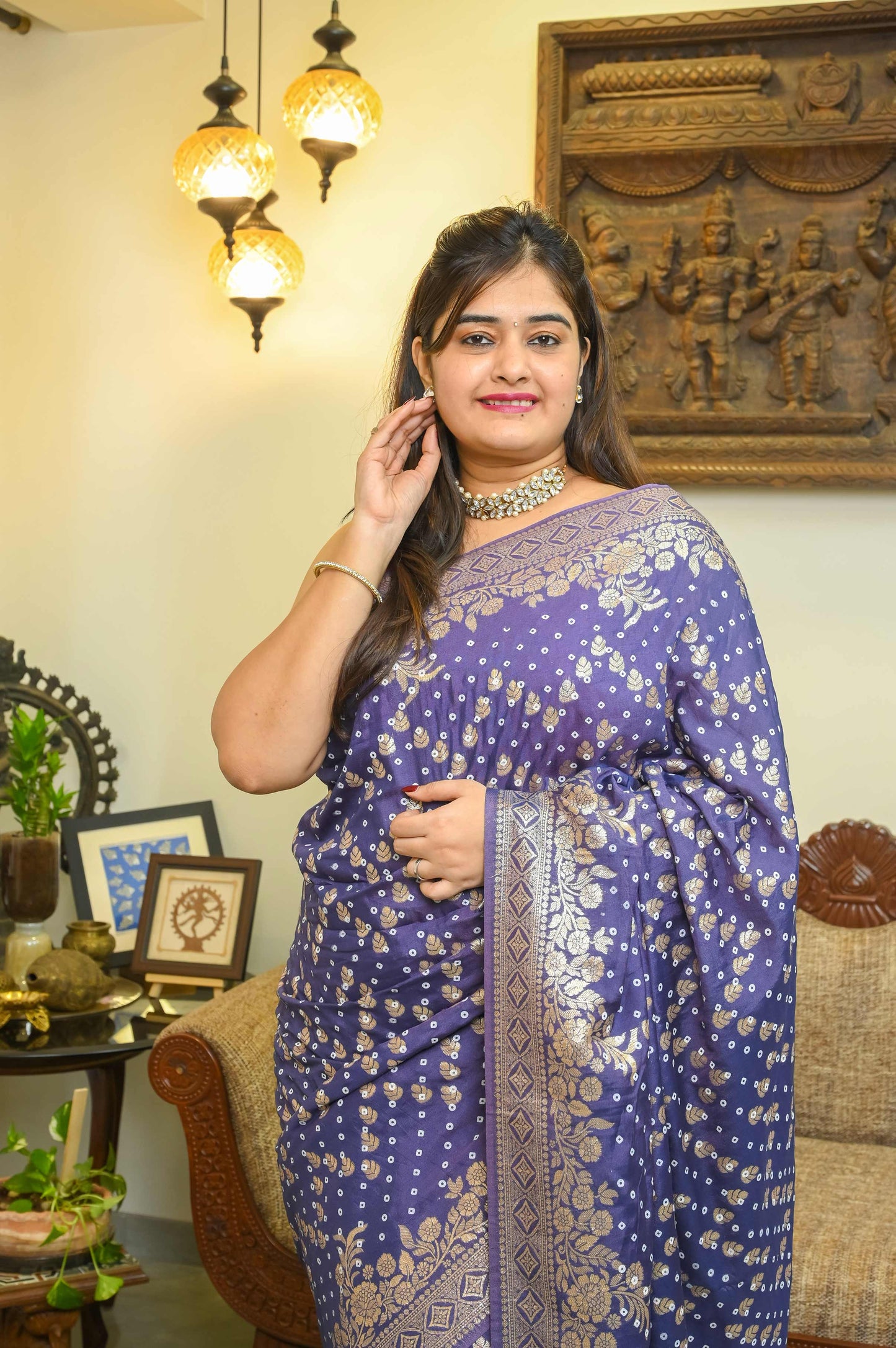 Purple Bandini Silk Banarasi Saree