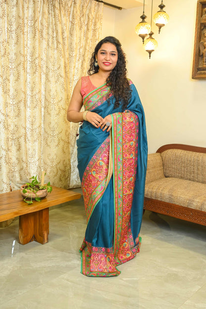Teal Blue Crepe Georgette Saree