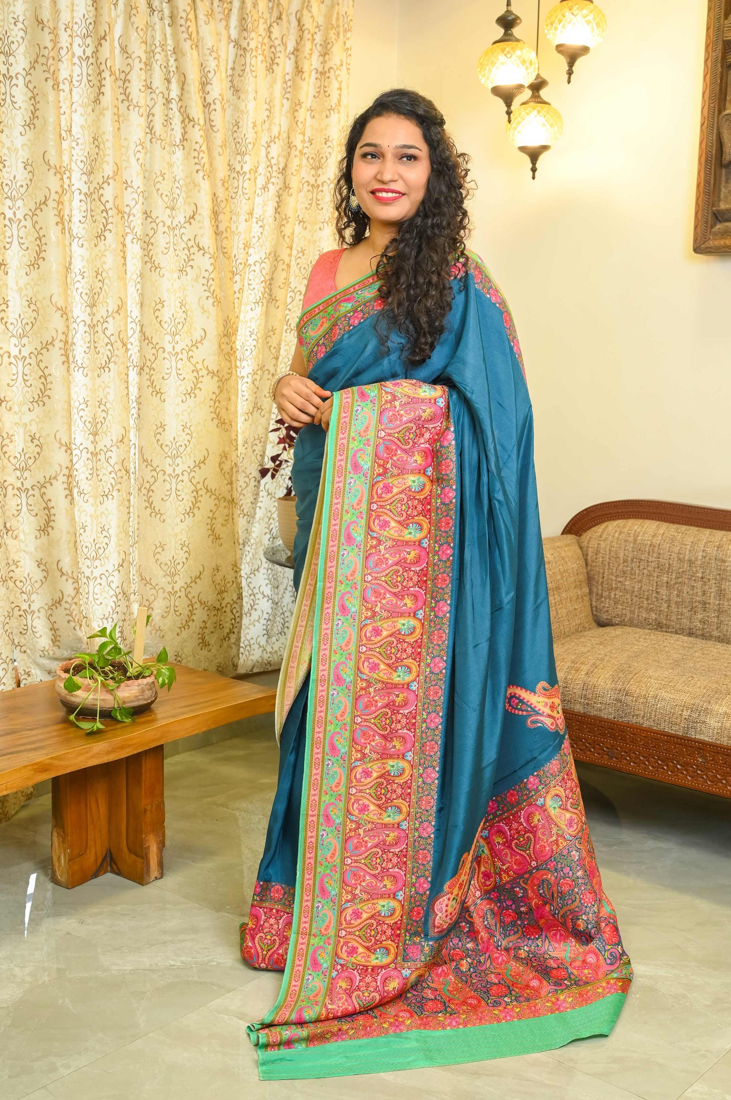 Teal Blue Crepe Georgette Saree