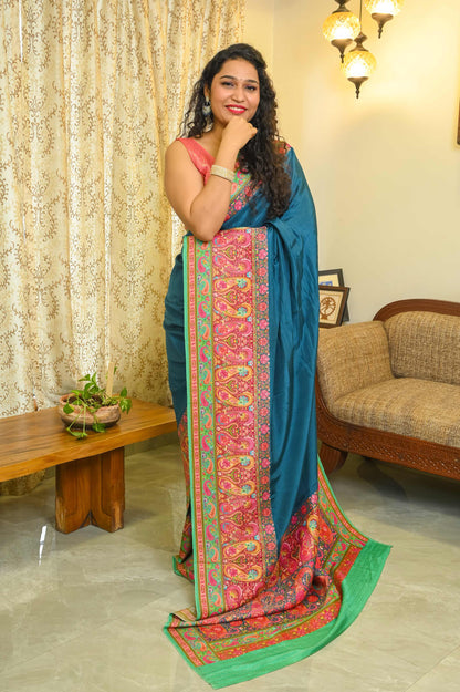 Teal Blue Crepe Georgette Saree