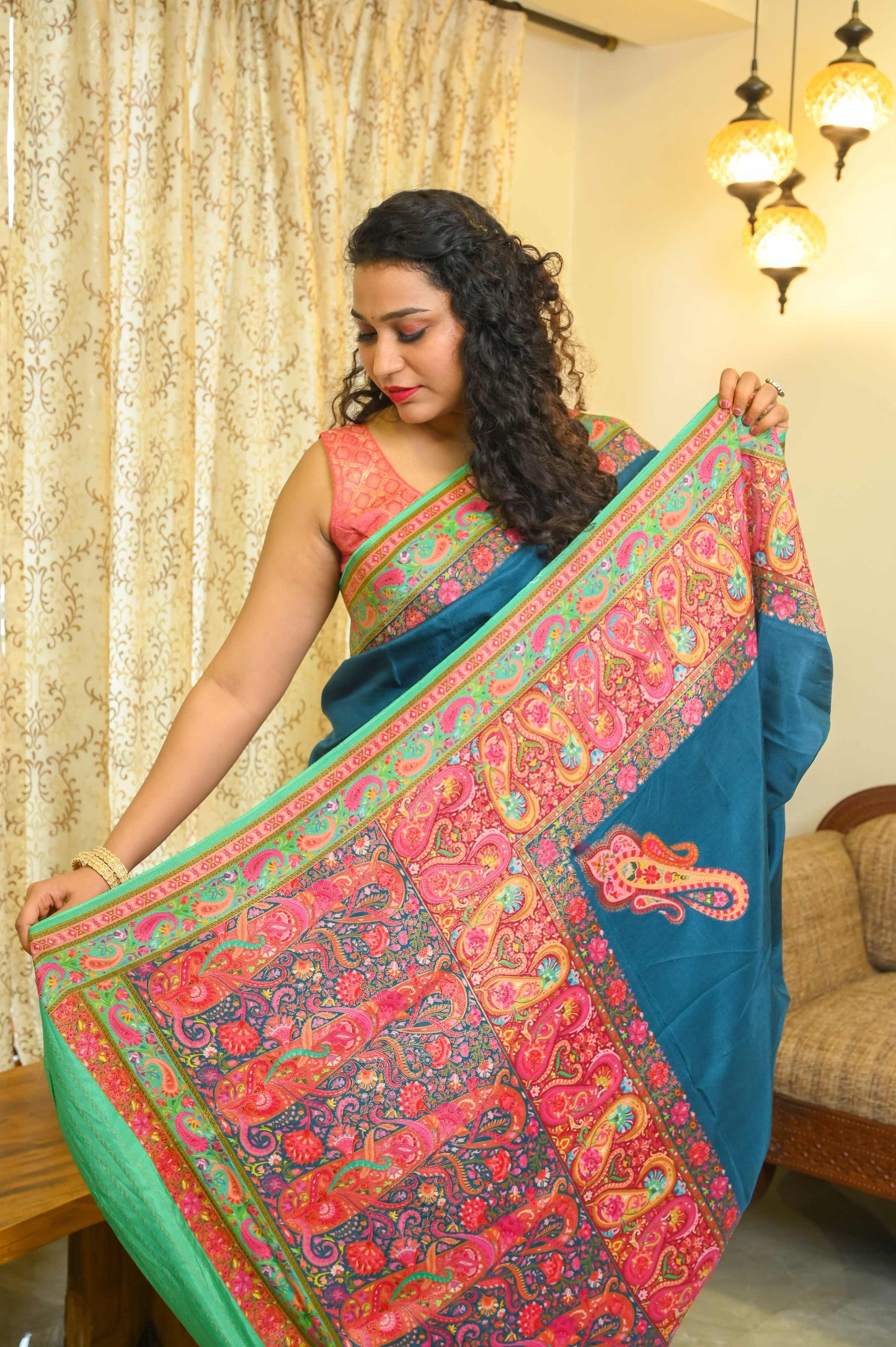 Teal Blue Crepe Georgette Saree