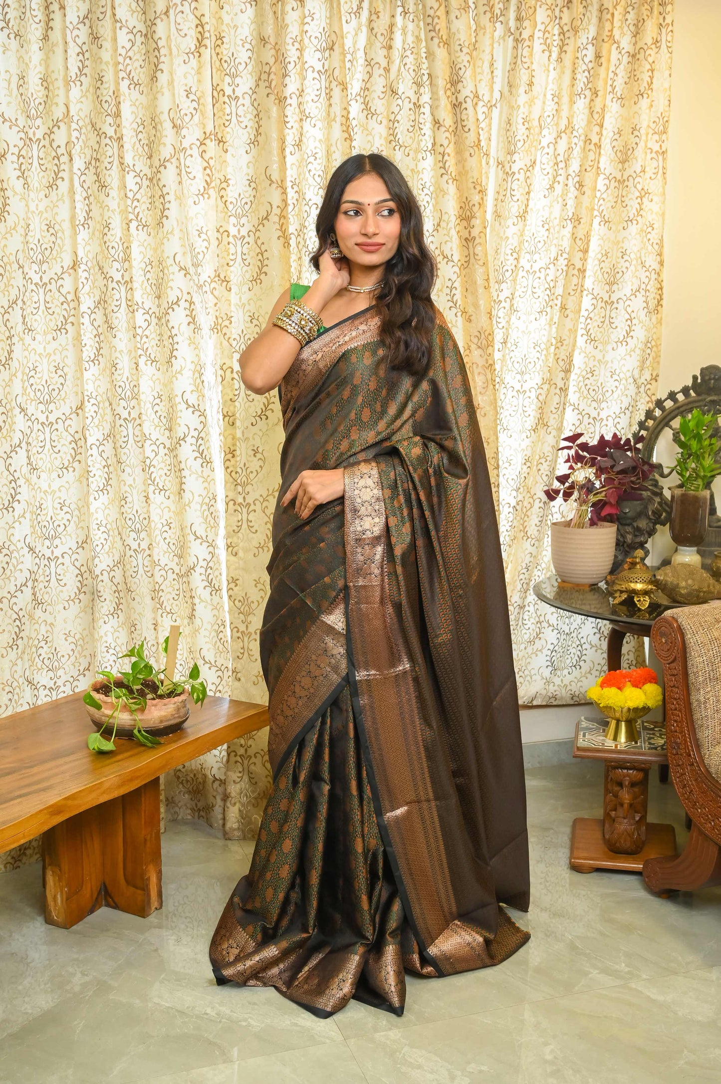 Green & Black Katan Silk Banarasi Saree