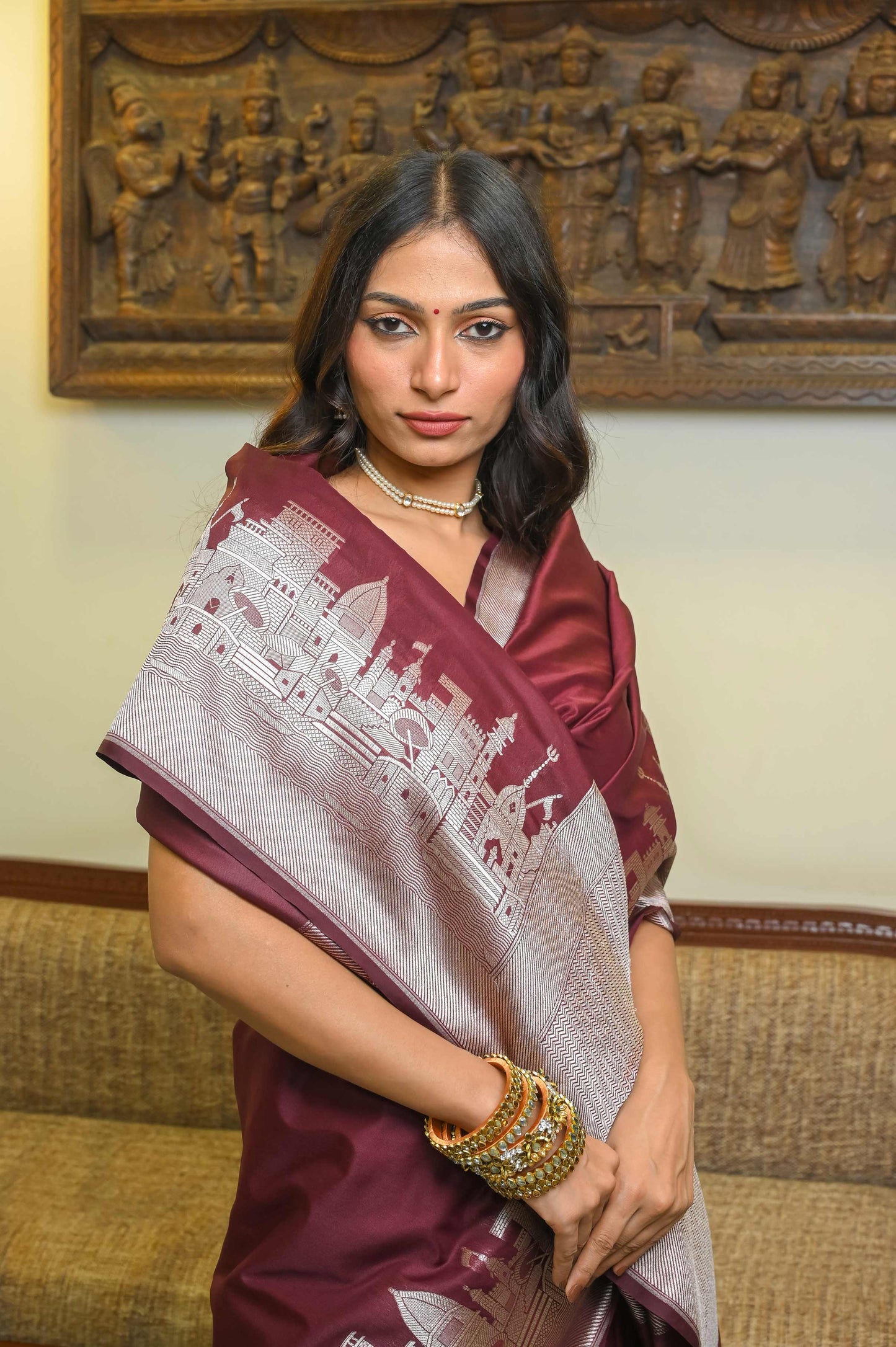 Kashi Ghat Deep Brown Katan Silk Banarasi Saree