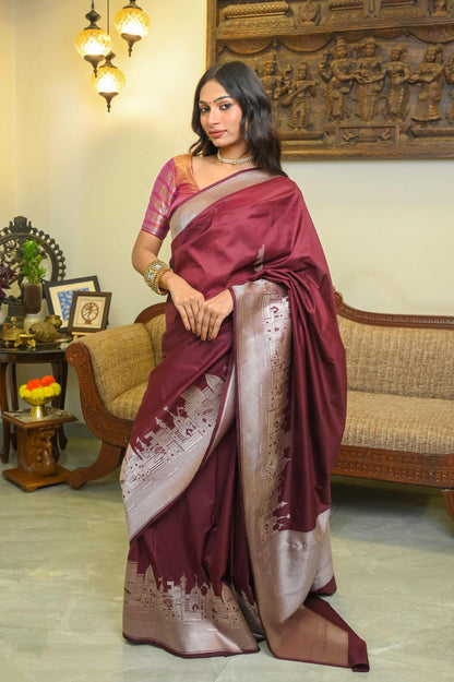 Kashi Ghat Deep Brown Katan Silk Banarasi Saree