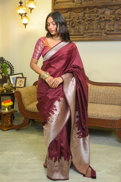 Kashi Ghat Deep Brown Katan Silk Banarasi Saree