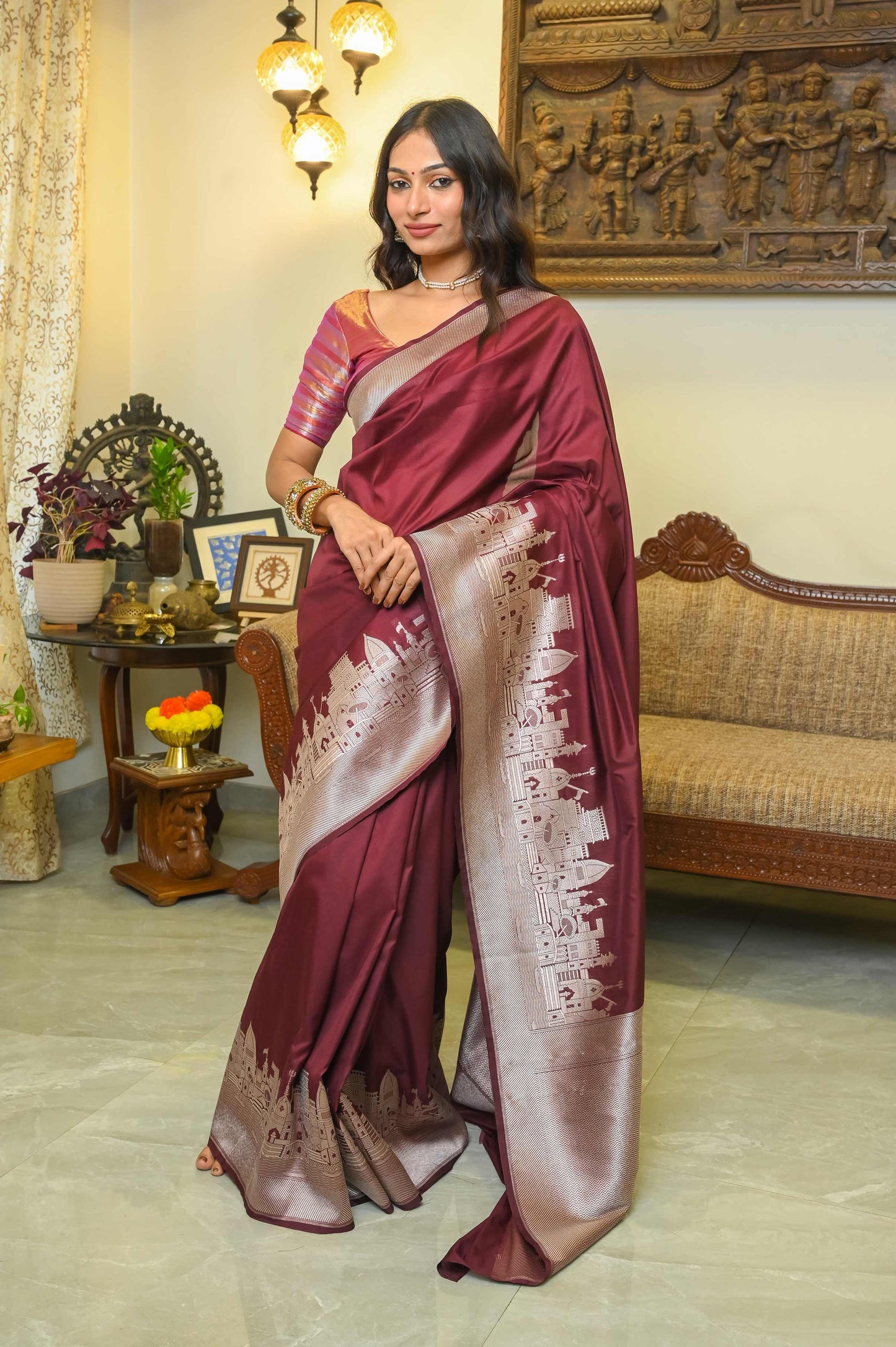 Kashi Ghat Deep Brown Katan Silk Banarasi Saree