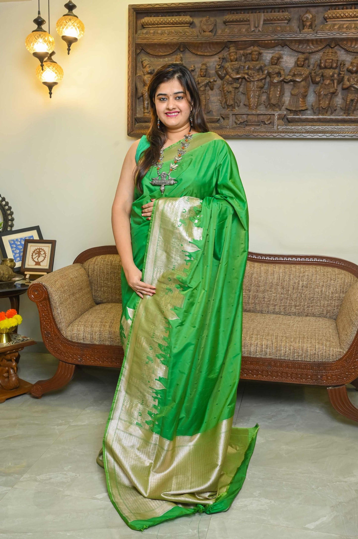Kashi Ghat Green Katan Silk Banarasi saree