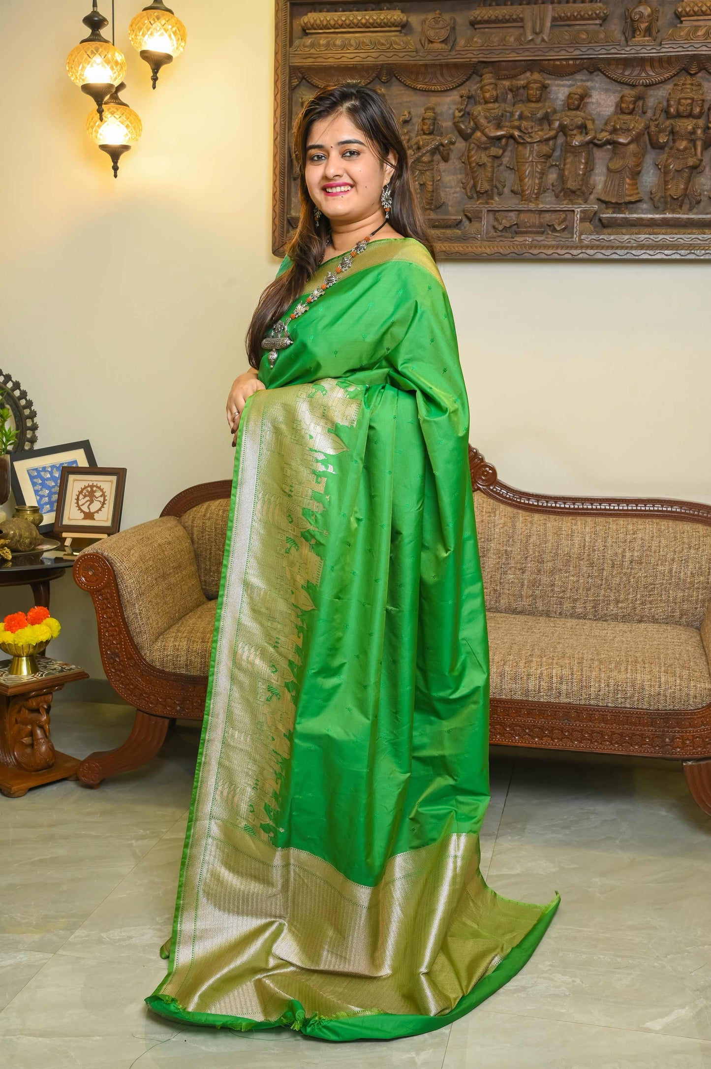 Kashi Ghat Green Katan Silk Banarasi saree