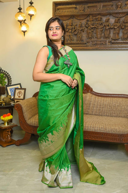 Kashi Ghat Green Katan Silk Banarasi saree