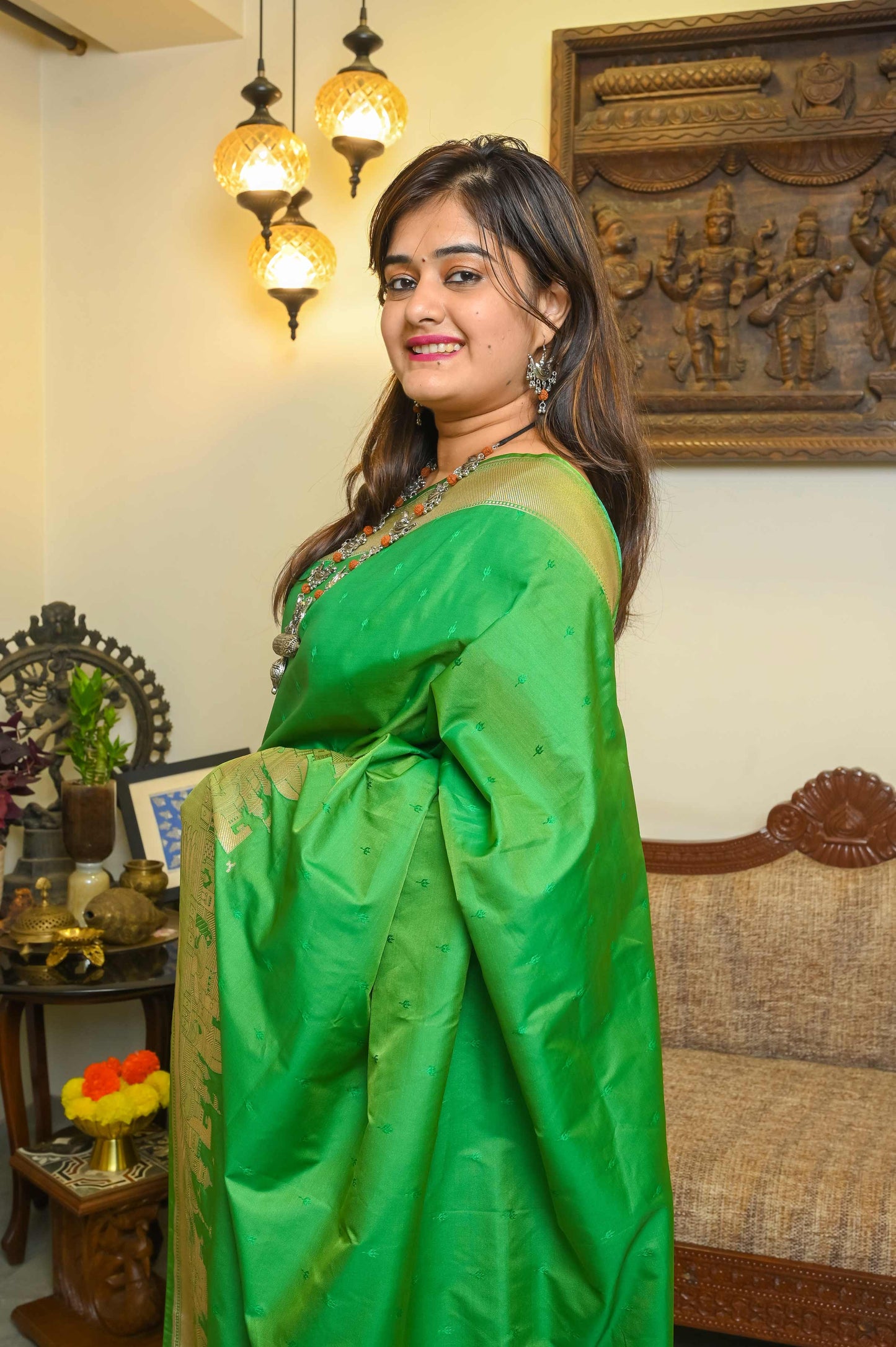 Kashi Ghat Green Katan Silk Banarasi saree