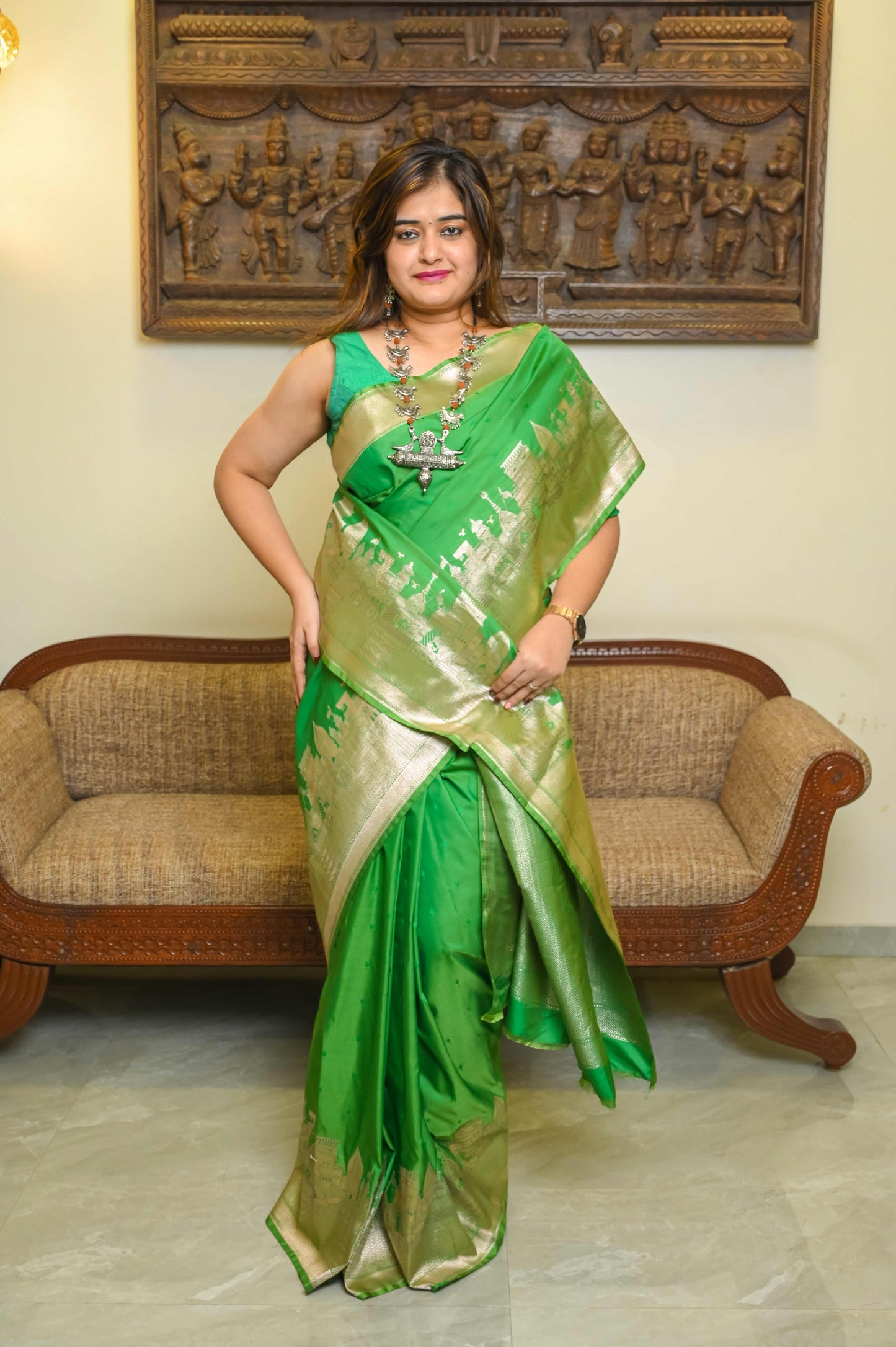 Kashi Ghat Green Katan Silk Banarasi saree