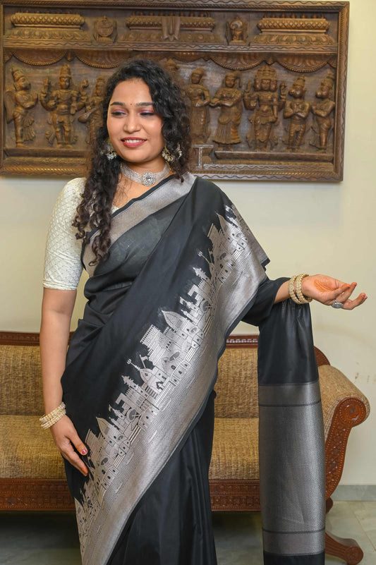 Kashi Ghat Black Katan Silk Banarasi Saree