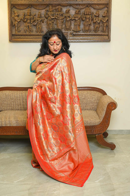 Red Brocade Katan Silk Meenakari Banarasi Saree