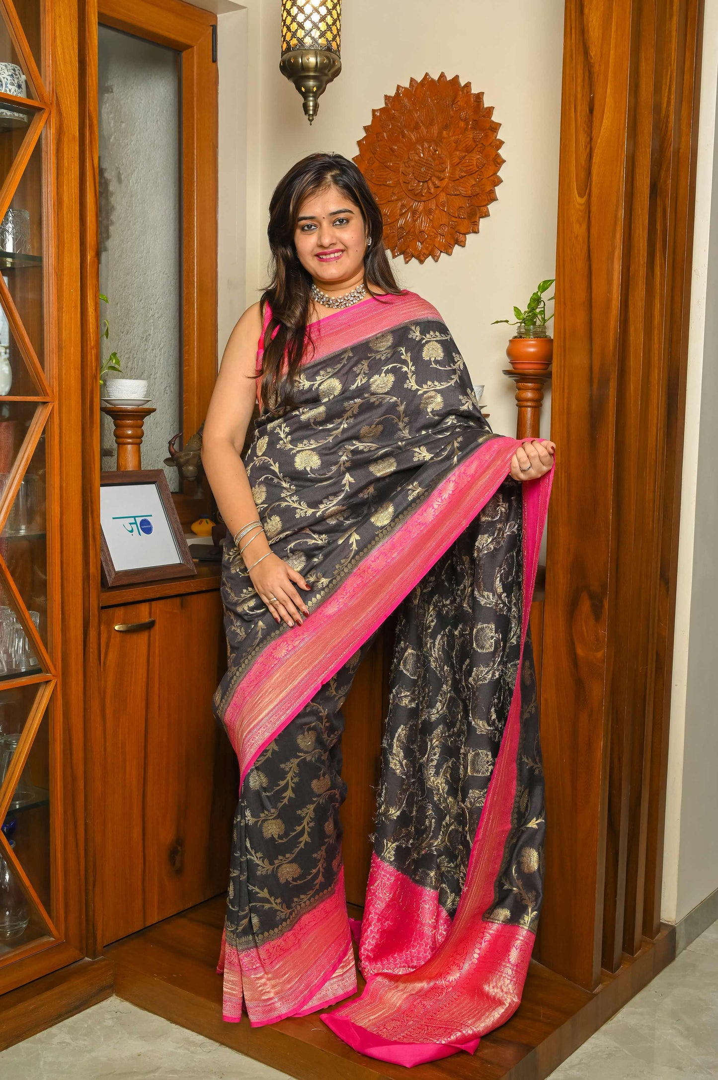Deep Brown & Pink Khadi Georgette Handwoven Banarasi saree