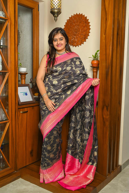 Deep Brown & Pink Khadi Georgette Handwoven Banarasi saree