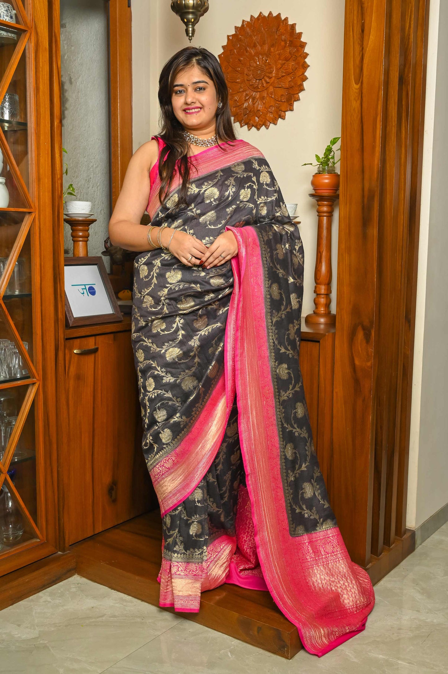 Deep Brown & Pink Khadi Georgette Handwoven Banarasi saree