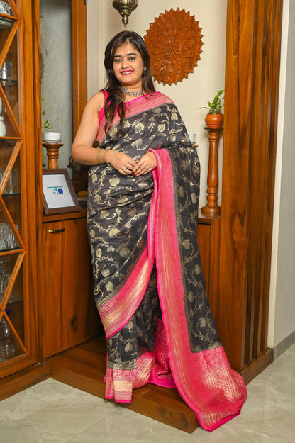 Deep Brown & Pink Khadi Georgette Handwoven Banarasi saree