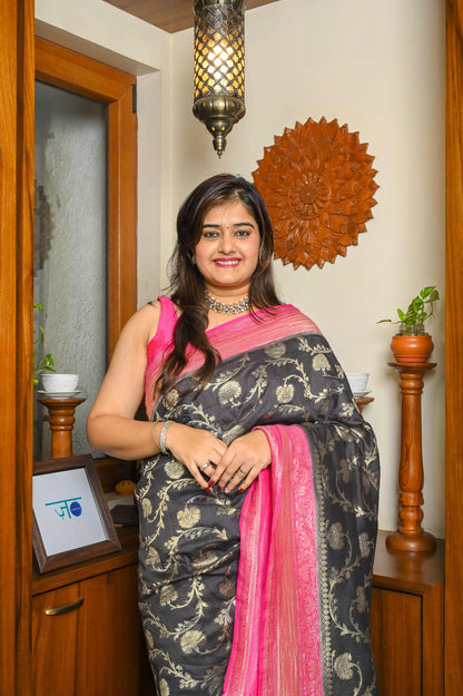 Deep Brown & Pink Khadi Georgette Handwoven Banarasi saree