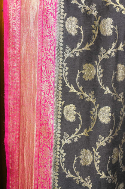 Deep Brown & Pink Khadi Georgette Handwoven Banarasi saree
