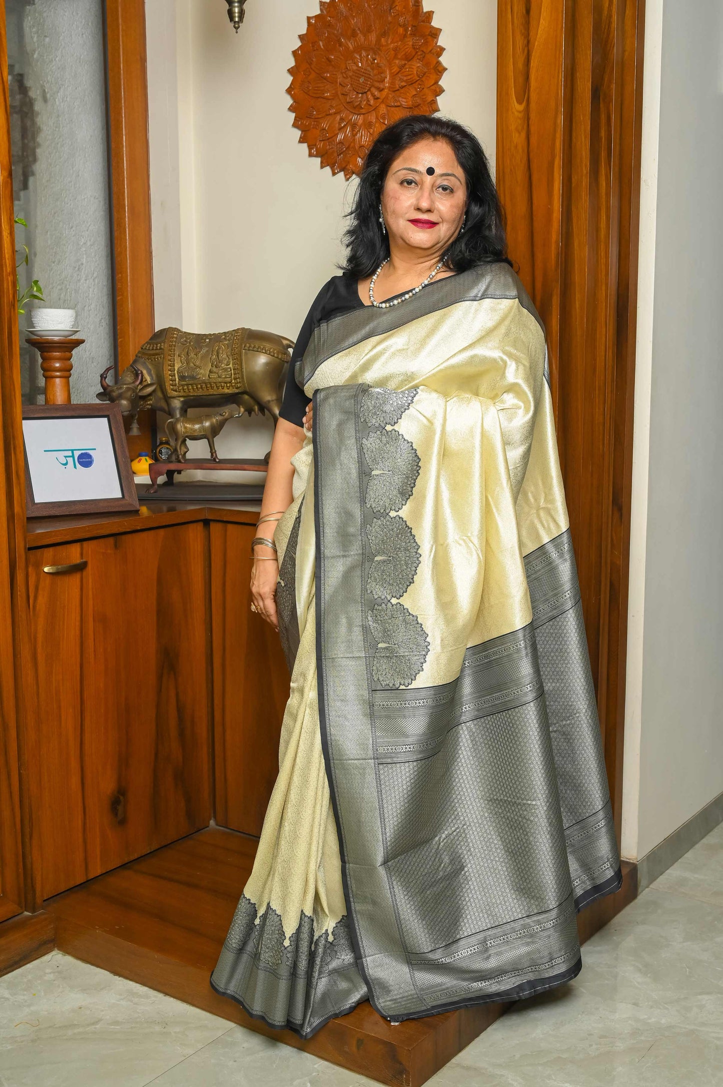White & Black Silk Banarasi Saree