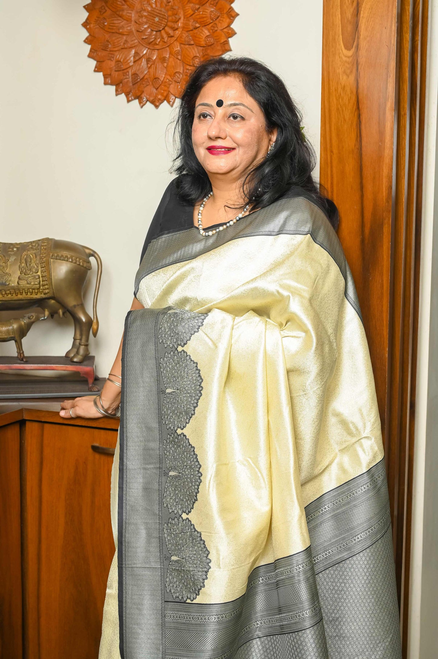 White & Black Silk Banarasi Saree