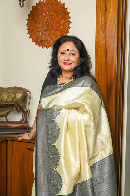 White & Black Silk Banarasi Saree