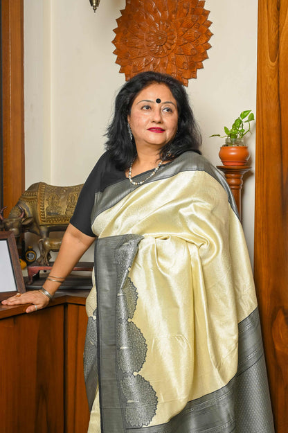 White & Black Silk Banarasi Saree