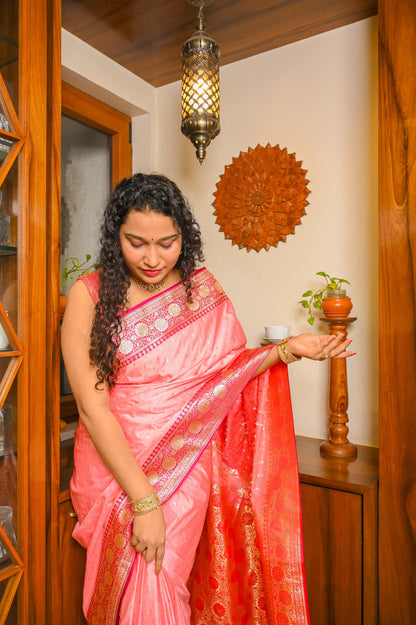 Light and Dark Pink Handcrafted Silk Saree