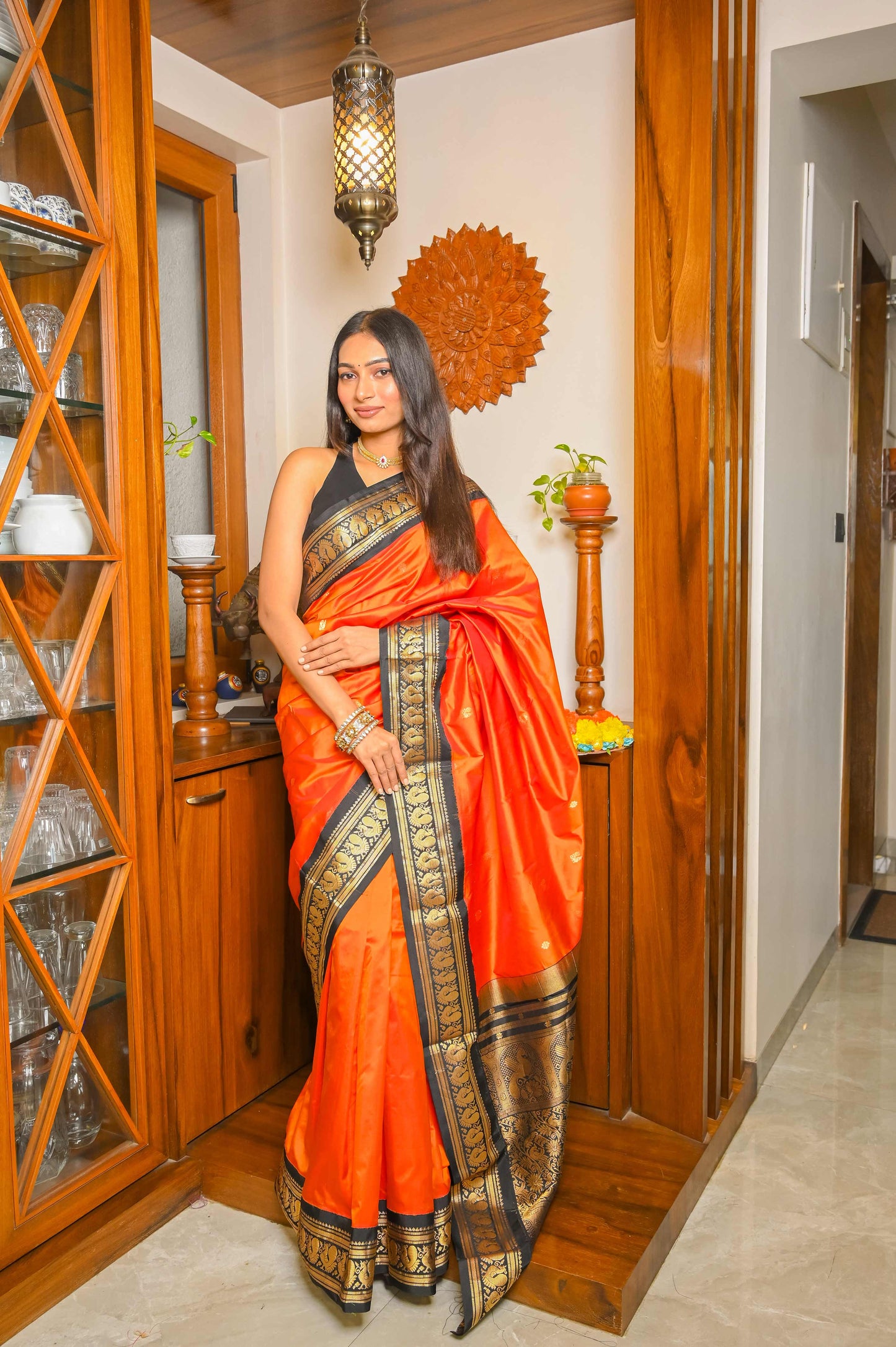 Mulberry Saffron and Black Paithani Silk Saree