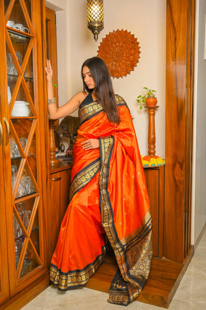 Mulberry Saffron and Black Paithani Silk Saree