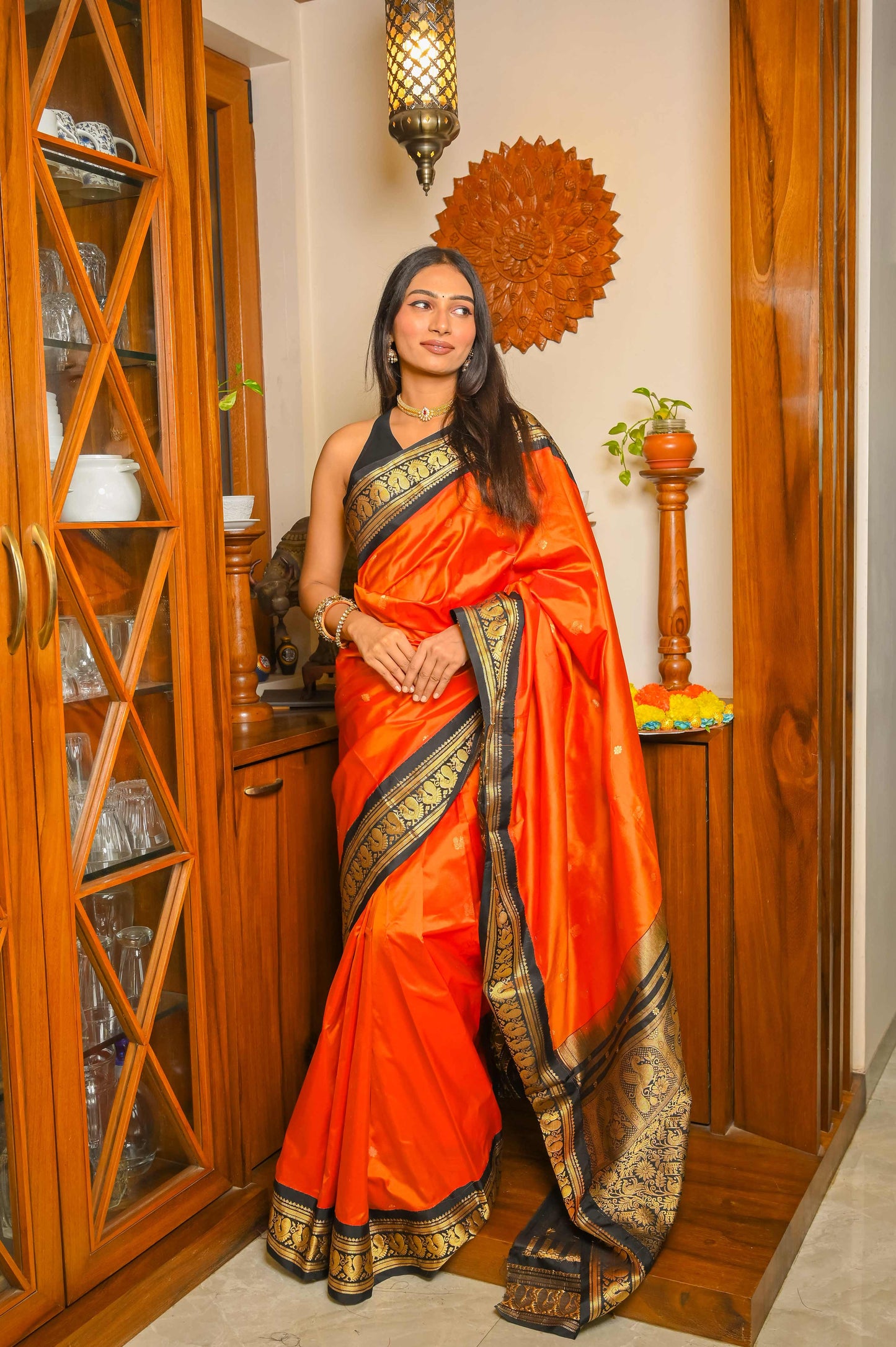 Mulberry Saffron and Black Paithani Silk Saree