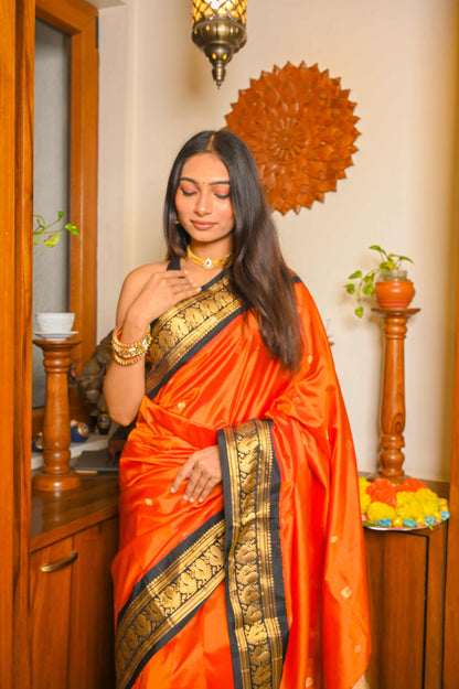 Mulberry Saffron and Black Paithani Silk Saree