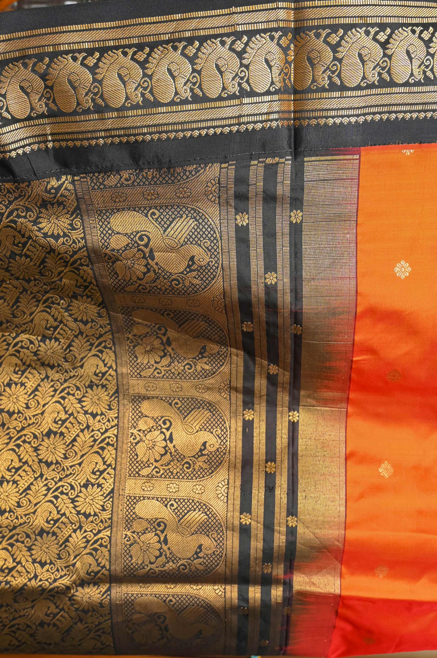 Mulberry Saffron and Black Paithani Silk Saree